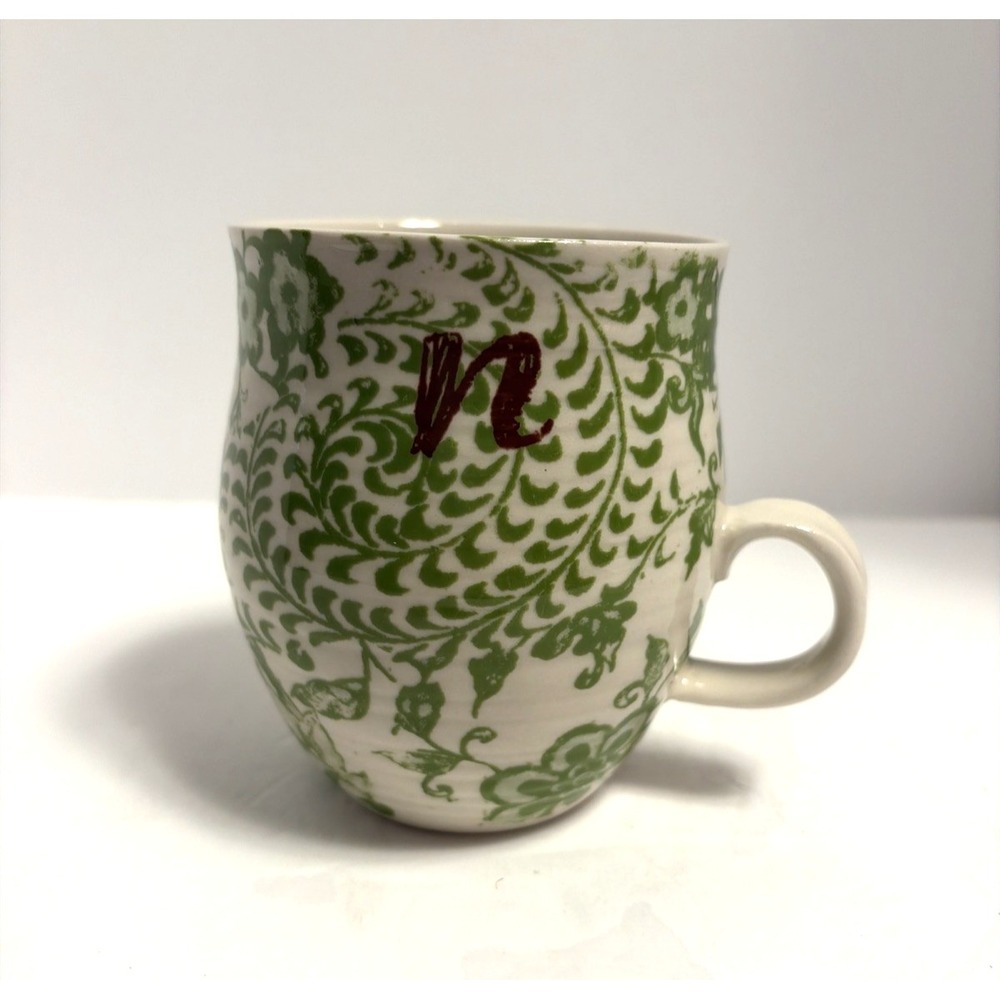 Anthropologie Homegrown 14 oz Green Coffee Tea Mug Cup Monogram Initial N Floral